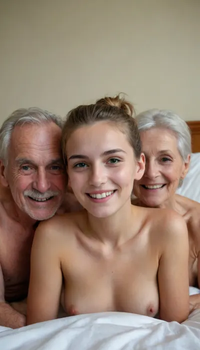 a naked 18-years-old short haired collegegirl lying between a 90-years-old naked austrian old couple bed smiling, all fully visible from head to toe, natural skin texture, hairbun, hyperrealism, ultra detailed