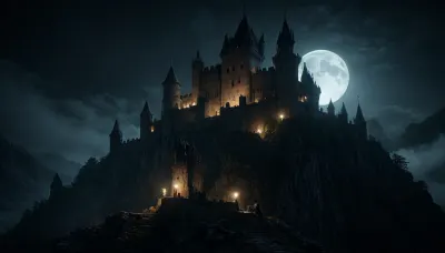 A eerie and creepy medieval castle sits atop the mountain. It exudes a sinister appearance. moonlight shines upon its medieval walls. There is fog in the air and a unsettling silence in the air. Every brick is visible, <lora:dark:.8>, <lora:Vivid Midjourney mimic - XL SDXL v2.0:1.5>