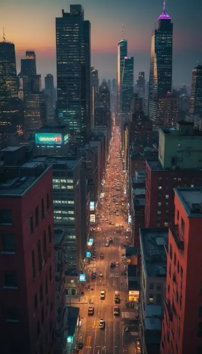 cityscape skyline, bright colored buildings, dark background, vivid colors, extreme detail, best quality