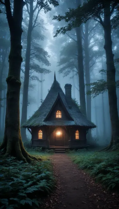 witch hut in dense forest, dense trees, dark gothic style, extremely overgrown, glooming blue light, heavy fog, moody, forest, <lora:363711_training_data:1.7>