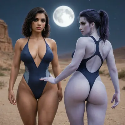 2 women, (pharah amari from Overwatch), (blue skin widowmaker with from Overwatchon), racerback swimsuit, desert, night, moon, big breast, (wide hips:1.6), Athletic body, (muscular shoulders and arms:1.4), spanking each others ass