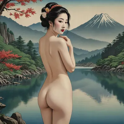 a japanese wood block print of a picture of a naked geisha in front of a mountain lake