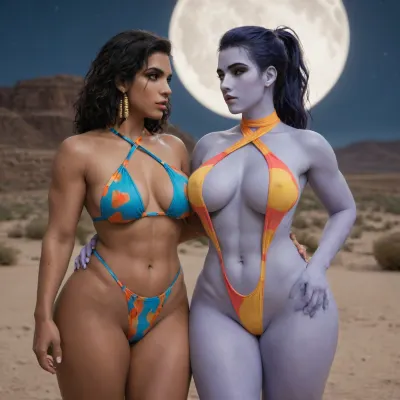 2 women, (pharah amari from Overwatch), (blue skin widowmaker with from Overwatchn), colorful racerback swimsuit, desert, night, moon, big breast, (wide hips:1.6), Athletic body, (muscular shoulders and arms:1.4), thick lips, plump lips, one of them giving cunilingus.
