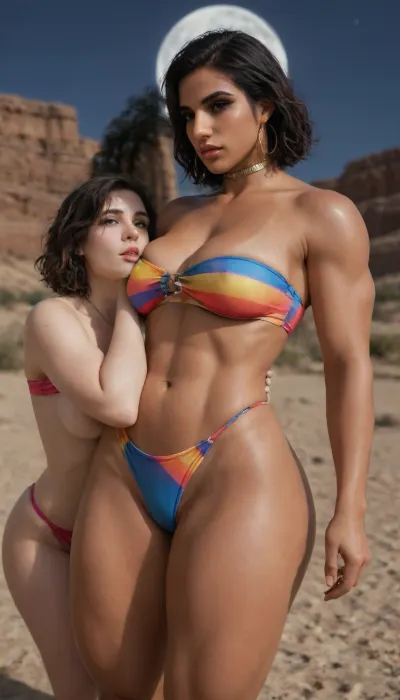 2 women, (pharah amari from Overwatch), (dua lipa), colorful racerback swimsuit, desert, night, moon, big breast, (wide hips:1.6), Athletic body, (muscular shoulders and arms:1.4), thick lips, plump lips, golden choker, one of them giving cunnilingus.