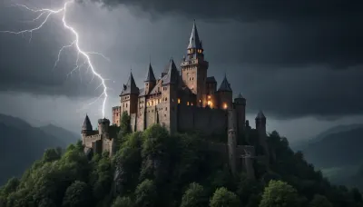 A huge menacing eerie and creepy medieval castle sits atop the mountain. It exudes a sinister appearance. moonlight shines upon its medieval walls. it is surrounded in dense heavy fog. a cold and unsettling silence lingers in the air. Every brick is visible, mountainous terrain, (heavy thunderstorm:1.7), (pouring rain:1.4), (intricate detail:1.6), uhd 8k, masterpiece, best quality, award winning photo, beautiful artwork, dark atmosphere, hvrn, heavy, rain, <lora:607315_training_data:1.9>