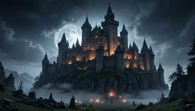 A huge menacing eerie and creepy medieval castle sits atop the mountain. It exudes a sinister appearance. moonlight shines upon its medieval walls. it is surrounded in dense heavy fog. a cold and unsettling silence lingers in the air. Every brick is visible, intricate detail, uhd 8k, masterpiece, best quality, award winning photo, beautiful artwork, dark atmosphere, <lora:Vivid Midjourney mimic - XL SDXL v2.0:2>, mw01out, <lora:Medieval_Worlds_outsidexl:.8>