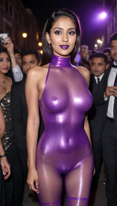 Indian Bengali woman, 18 years old young Beautiful sexy bengali sexy married wife, prominent sexy face, mediam breasts, high tied up hair, (smile:.7), (clothing, (micro mini very short length, fully transparent glowing sparkling neon purple latex t-neck bodysuit pantyhose, pantimedias, with a businessman who is in business suit, holding the business man's hand, in night, (getting down from a limousine car), on a crowded foothpath outside a crowded nightclub, hair up, face view), hands in she back, rip pantimedias, (rip:.5), talking with a male man, on the foothpath beside road outside crowded midnight club, high makeup, maskara, dark black lipstick, bindi, junk jewellery), network night crowded street with car view in background, standing among the crowd, full body portrait, high stiletto heels, among the crowd, paparazzis are taking pictures of her with flashing cameras, she is on the car sit, one leg is outside the car getting down from the limousine car holding a man's hand