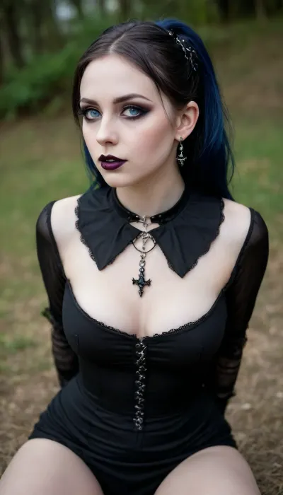 girl 18 years old, slim, perfect figure, perfect pussy, perfect tits, big bright blue eyes, plump lips, plump cheeks, earrings in her ears, a collar around her neck, a perfect face, bright makeup, not tall, ((sexy gothic style)), ((hevi metal style)), ((hard rock style:1.2)), high-heeled shoes, ((full-length photos showing the entire body)), ((high detail, high quality, ultra quality, full hd, clear detail of everything in the photo)), dim light, night lights, rimjob