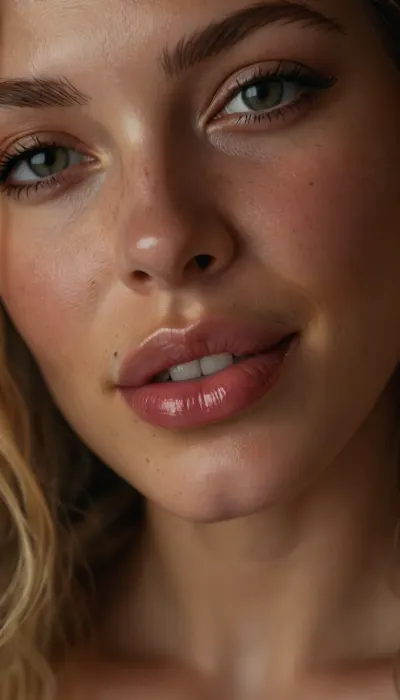 ziprealism, (full sensual lips, moist lips, glossy lips:1.4), (sensual suggestive smirk, adorable dimples, playful expression, heartbreaking beauty:1.6), (avant-garde experimental photography, dramatic lighting), (sharp focus on eyes, face closeup), (intense natural backlight, light bloom, shallow depth of field, soft bokeh, layered composition with subtle foreground, vintage analog lens), (goosebumps, vellus hairs, subsurface scattering, freckles, sharp contrasting limbal rings:.4), (natural skin texture, maximum quality skin texture), <lora:style_lora_realis:.8>