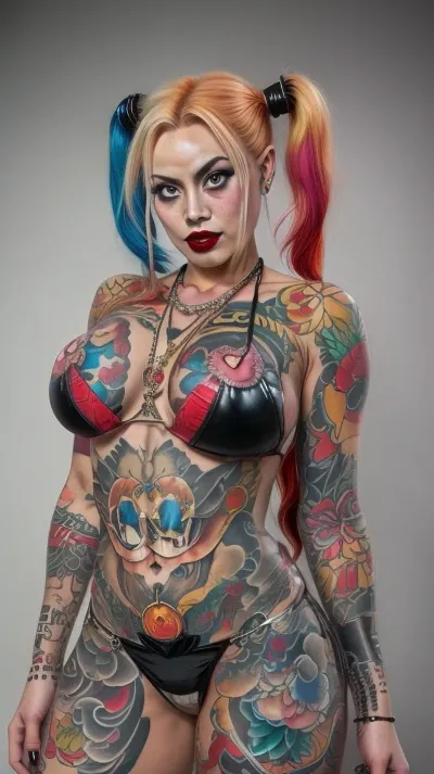 Harley Quinn, front view, huge breast, nipple ring, hairy pussy, full body tattoo, irezumi, <lora:badbroirezumi3:.7>