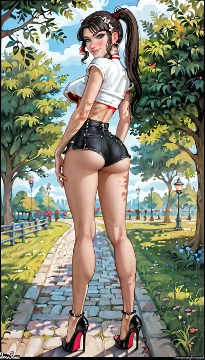 score_9, score_8_up, score_7_up, score_6_up, aroma, ((aromasensei:1.3)), stiletto heels, from below view, full body view, ass focus, close up, (sexy pose with arm on ass:1), ((back view and full body view)), (makeup), long hair, ponytail hair, dark brunete hair, hourglass figure, sexy pose, (biting lips), (tight white crop top and black shorts), (underboob), big breasts, wide hips, (smirk), (park sky background), style anime, inspired illustration, oda, non, <lora:outline_xl_kohaku_delta_spv5x:1.9>, <lora:cartoon_stickers_xl_v1:.5>, <lora:AshMilkshake_Illustrious_v1:1.1>, <lora:NEOTOKIOXL_0.2_RC:.5>, <lora:Brown Dust Style XL:1.2>