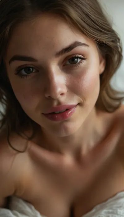 ziprealism, (full sensual lips, moist lips, glossy lips:1.4), (sensual suggestive smirk, adorable dimples, playful expression, heartbreaking beauty, raised eyebrow:1.6), (intimate avant-garde experimental photography, dramatic lighting), (sharp focus on eyes, loose closeup, low angle), (soft romantic lighting, light bloom, shallow depth of field, soft bokeh, layered composition with subtle foreground, soft vignette, vintage analog lens), (goosebumps, vellus hairs, subsurface scattering, freckles, sharp contrasting limbal rings:.4), (natural skin texture, maximum quality skin texture), (intimate seduction, pale breasts, pale nipples:1.4), (cozy bedroom scene), <lora:style_lora_realis:.8>