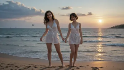 18 years old blonde Girl and a japanese 20 years old girl with black hair, FKK beach, with a cute face, full body, Sankt Peter-Ording, nacked, lesbians, smiling, Germany, Aurora borealis, lighthouse, messy hair, freckles, lage breasts, sweaty, narrow torso, full body view, Outdoor, outside