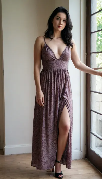 28 yo black hair woman, wearing Romantic Vintage Maxi Dress, tiny natural breasts, 1.6m high, wide hips, thick thighs, black high heels, full face visible, perfect hands, selfie