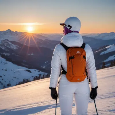 On top of the highest mountain background, (twilight sun:1.7), woman alone, 35 years old woman from behind, woman on the left of the picture, standing position, (black mountain boots, white ski pants, white ski jacket, mountain gloves), mountain hat, polarized mountain sunglasses, orange mountain backpack, view of a valley, sharp mountain in the distance, snow-capped mountains
