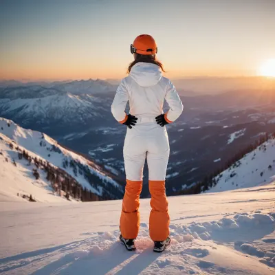 On top of a mountain background, woman alone, 35 years old woman from behind, standing position, setting orange sun, (white, (boots, ski pants, ski jacket, mountain gloves)), mountain sunglasses, view of a valley