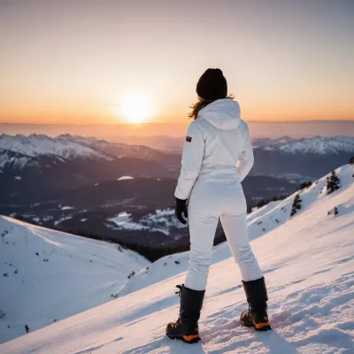 On top of a mountain background, woman alone, 35 years old woman from behind, woman on the left of the picture, standing position, setting orange sun, (black mountain boots, white ski pants, white ski jacket, mountain gloves), mountain hat, mountain sunglasses, view of a valley, sharp mountain in the distance, snow-capped mountains