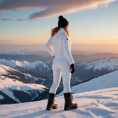 On top of a mountain background, woman alone, 35 years old woman from side, woman on the left of the picture, standing position, setting orange sun, (black mountain boots, white ski pants, white ski jacket, mountain gloves), mountain hat, mountain sunglasses, view of a valley, sharp mountain in the distance, snow-capped mountains