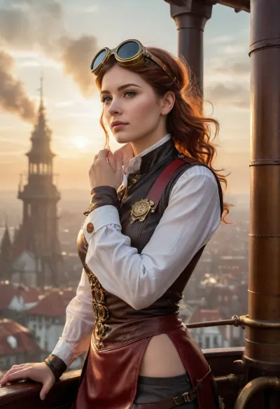 Cinematic steampunk fantasy scene, view from the deck of an ancient airship. Gears, rivets, copper panels, pipes, valves, steam jets hissing in golden sunset light. A slender, dark-haired young woman pilot stands on deck, her red-highlighted hair glowing translucent in the sun, curling in the wind. She wears a steampunk uniform tunic with golden patches and epaulets, casually unbuttoned at the chest, a leather strap across her shoulder, round brass pilot goggles resting on her forehead. She holds a brass telescope in her hands, gazing into the distance with a faint smile and dimples on her cheeks. Below stretches a landscape of old towns with high towers and red tiled roofs, a sea with sailboats, while above float majestic steam airships, fantastical old-style steam planes with chimneys, and flying island-cities in fantasy style. Epic, gothic, cinematic atmosphere of adventure in the skies.