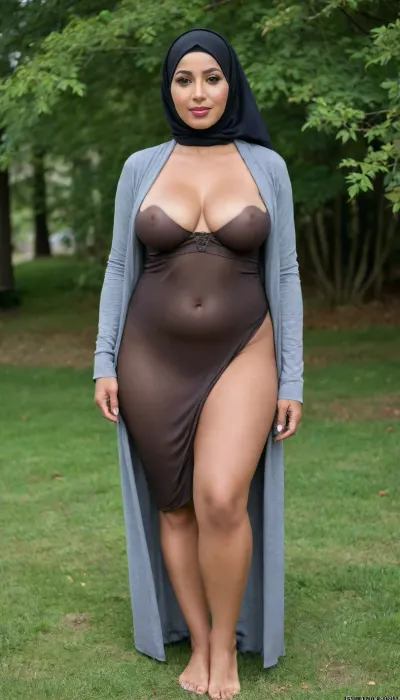 (Réaliste), femmes arabes, ebony, hijab, bbw, baiser courbé, 50 ans, prise énorme et chatte, mature, plus de 50 ans, corps naturel, petit ventre, frontal, seins énormes, gros mamelons brun foncé, sur l'herbe, jambes écartées, talons hauts, lève sa robe, avec col en v, pose sexy, vue complète du corps, Elle a l'air pleine de désir, nue, (Photo 8k), .