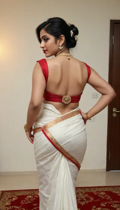 Back view, Indian bhabhi age 25 wearing white Saree Black backless blouse long naval long hot belly button cleavage big boobs lot of jewelry wearing marriage necklace bending posing her hips red lipstick red nail polish