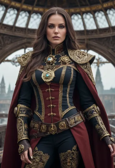 Beautiful female Rogue Trader from Warhammer 40k, tall and commanding with an aura of nobility and danger. Elegant yet battle-ready build, pale flawless skin, piercing eyes filled with ambition, long flowing hair styled regally, large bimbo breasts. Wearing ornate voidsuit or high gothic coat with gilded trim, decorated with purity seals, rosettes, and aquila insignia. Standing confidently on the bridge of a massive voidship. Surrounded by gothic starship architecture, stained glass, servo-skulls, cogitators, and banners of the Imperium. Ultra-realistic grimdark gothic sci-fi art, highly detailed, cinematic lighting, atmosphere of wealth, faith, and ruthless power.