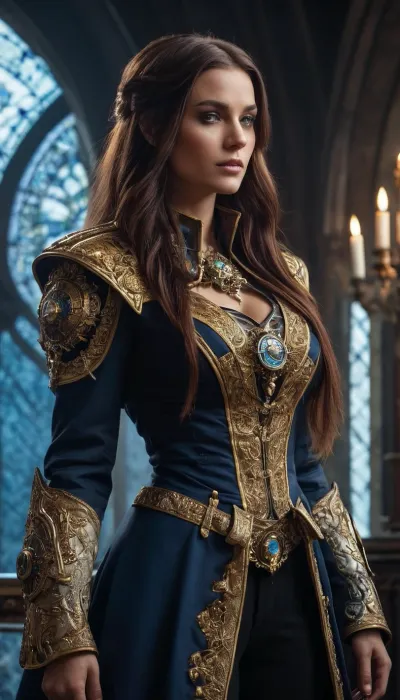 Beautiful female Rogue Trader from Warhammer 40k, tall and commanding with an aura of nobility and danger. Elegant yet battle-ready build, pale flawless skin, piercing eyes filled with ambition, long flowing hair styled regally, large bimbo breasts. Wearing ornate voidsuit or high gothic coat with gilded trim, decorated with purity seals, rosettes, and aquila insignia. Standing confidently on the bridge of a massive voidship. Surrounded by gothic starship architecture, stained glass, servo-skulls, cogitators, and banners of the Imperium. Ultra-realistic grimdark gothic sci-fi art, highly detailed, cinematic lighting, atmosphere of wealth, faith, and ruthless power.