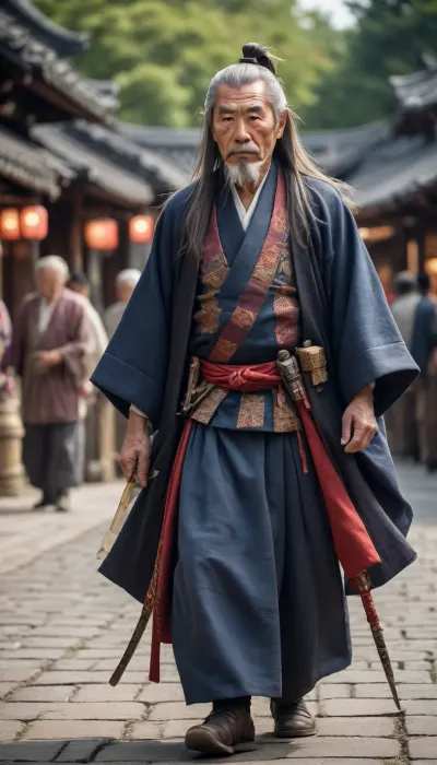 An elderly, mature samurai warrior, dressed in traditional samurai clothing, with very long, wise hair, walks through a village market square.