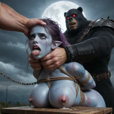 female drow elf barbarian, (dark night blue skin:1.82), tall, angry, busty, curvy, thin waist, big boobs, big butt, slim, athletic, fit, vitiligo, strong, fur pelt armor, dungeons and dragons, purplish blue skin, black and purple hair, Dark, Elf, Warrior, Drow, tattooed, scarred, purple eyes, uberfit, muscular, blue skin, amazon, giant, fur barbarian armor, bloody, blood spatter, bear, bear heart, (in a bloody filed after a battle, white full moon in the sky:1.4), (man is choking her from behind:1.4), ((hogtied, bound with large chains, tied to a torture table:1.3)), cock in mouth, (brutal face fuck), Blowjob, (tears in eyes:1.5), (running makeup), (cum drips from nose:1.3), (cum drips from mouth:1.3), ultra hd, photorealistic, hyper gigantic large black cock in mouth, (((hyper gigantic large black cock in mouth:1.3))), oral cream pie, hair grab, sad, sad crying, tongue out, gasping for air, zavy-brbrn, gangbang, double anal penetration, anal spitroast, groupsex, deepthroat, (4 gigantic African black brute thug, huge trunklike arms, huge head, hyper muscular body, dressed in slave clothes:1.2), ((hogtied, bound for sex, tied up)), (eyes wide open in horror:1.72), (wide mouth spreader:1.8), (pleading expression:1.56), (terrified:1.48), (crying:1.48), (fear and panic:1.56), (pulled nipples:1.2), nipple clamps, (((spitroast))), (((hyper large cock in mouth:1.3))), shocked, deep anal penetration, Uber realistic, 8k, ultra detailed, masterpiece, arched back, detailxl, 35mm photograph, film, professional, 4k, 1girl, 5 boys, hdr, photographic, ultra realistic, ultra high details, back light, best quality, with large muscular black men, gargantuan black cocks, anal sex expansion, large hyper muscular fat old men, (double anal sex), swollen white veiny cocks, (double anal penetration), hardcore double penetration, proper physics, big white cocks, muscular white double anal gangbang, (forceful penetrations), extremely graphic, shocked expression, beautiful hands, massive cum in ass, defeating a woman in combat, fighting, killing, blood, winning fight, magazine cover, Realism_Quality_2xx_By_Stable_Yogi, score_9, score_8_up, score_7_up, (((very pretty face:1.3))), (((extremely ultra detailed face:1.3))), perfect fingers and hands, upper body view, (extreme size difference:1.6), (ultra realistic), (maximum quality), (high resolution), (extreme detail), (ultra realism), UHD, super high quality, highly detailed, high resolution, perfect lighting, natural lighting, (dynamic pose), (dynamic angle), (random angle), (random pose), (dynamic view), (random view), volumetric lighting, golden hour lighting, dramatic shadows, rich details, nature-inspired color palette, <lora:Dark_Elf_Warrior:1.3>, <lora:Drow:1.3>, <lora:339100_training_data:1.3>, <lora:uberfit_lora_sdxl:1.3>, <lora:zavy-brbrn-sdxl:1.3>