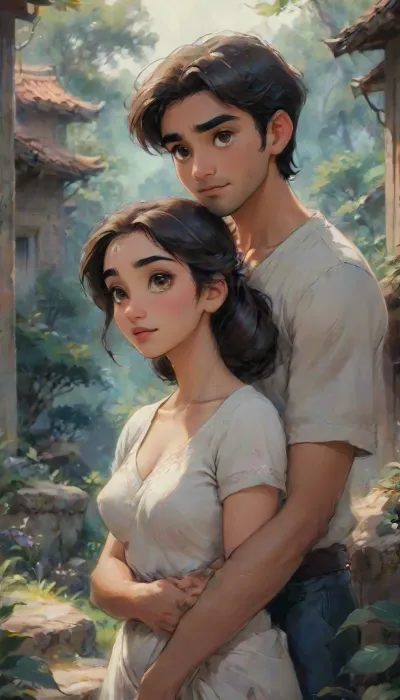 A romantic hand-drawn illustration of an Indian couple, (one male and one female), on a hilltop. Close-up view, sitting on steps outdoors. The woman is wearing an elegant white saree, and the man is dressed casually in a t-shirt and blue jeans. They are sitting close together, looking directly at the viewer with warm, affectionate expressions. The man has his arms wrapped around her neck in a tender embrace, and the woman’s face is breathtakingly beautiful, radiating grace and charm. Their connection is deep and genuine, with the woman exuding beauty and serenity. The background includes soft, natural light and a blurred outdoor setting, emphasizing the couple’s intimate moment. romantic, poetic, artistic, gufeng influence, ink and wash textures, Saree, Indian, ac_neg1, Influencer, Model, futuristic-fantasy-anime, j_cartoon, <lora:transparent-saree:.5>, <lora:sdxl_vae:.5>, <lora:futureistic_fantasy_anime_sdxl_v1:1>, <lora:Animated_Concept:1>, <lora:J_cartoon:2>