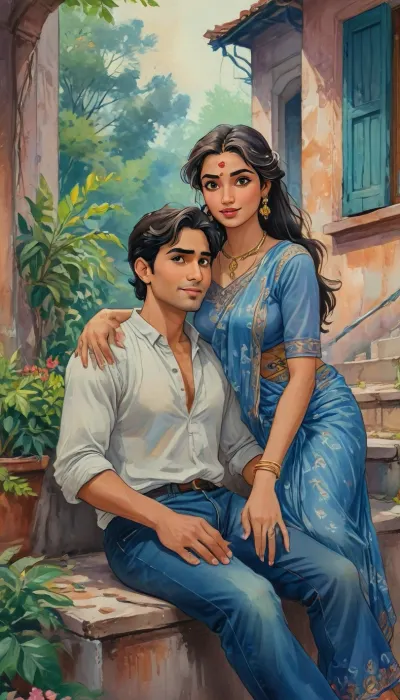 A romantic hand-drawn illustration of an Indian couple, (one male and one female couple), on streets of modern america. Close-up view, sitting together on steps outdoors. The woman is wearing an elegant saree, with large breast, large cleavage, voluptuous body type, stylish hair style. and the man is dressed casually in a t-shirt and denim jeans. They are sitting together playfully, looking directly at the viewer with joy, happy expressions. The man has his arms wrapped around her neck in a tender embrace, and the woman’s face is breathtakingly beautiful, radiating grace and charm. Their connection is deep and genuine, with the woman exuding beauty and serenity. romantic, poetic, artistic, gufeng influence, ink and wash textures, Saree, Indian, ac_neg1, Influencer, Model, j_cartoon, <lora:transparent-saree:.8>, <lora:sdxl_vae:.8>, <lora:J_cartoon:1.2>, <lora:detailed_notrigger:1>, <lora:Sattar_Bahlulzade:2>