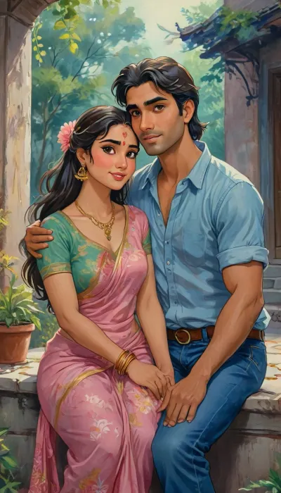 A romantic hand-drawn illustration of an Indian couple, (one male and one female couple), on streets of modern america. Close-up view, sitting together on steps outdoors. The woman is wearing an elegant saree, with large breast, large cleavage, voluptuous body type, stylish hair style. and the man is dressed casually in a t-shirt and denim jeans. They are sitting together playfully, looking directly at the viewer with joy, happy expressions. The man has his arms wrapped around her neck in a tender embrace, and the woman’s face is breathtakingly beautiful, radiating grace and charm. Their connection is deep and genuine, with the woman exuding beauty and serenity. romantic, poetic, artistic, gufeng influence, ink and wash textures, Saree, Indian, ac_neg1, Influencer, Model, j_cartoon, <lora:transparent-saree:.8>, <lora:sdxl_vae:.8>, <lora:J_cartoon:1.2>, <lora:detailed_notrigger:1>, <lora:Sattar_Bahlulzade:2>
