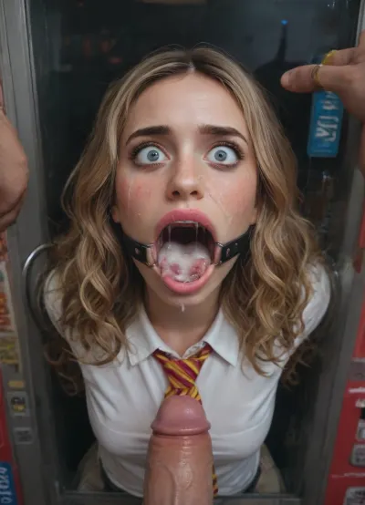 (woman is stuck with her hips in a round hole with metal rim in a vending machine), (her bust is protruding from a round hole in the front of the vending machine:1.5), (stuck in hole with metal rim:1.3), (vending machine at night, slot for payment), (wide mouth spreader ring gag, gaping mouth:1.5), (leaning forward), (embarrassed, ashamed), (pleading expression:1.2), (terrified:1.6), (crying), (fear and panic:1.2), (box is low mounted, close to floor), (score_9, score_8_up, score_7_up, UHD 8K, masterpiece, best quality, maximum details, natural light, extreme realism, cinematic still), (huge penis:1.4), (she stares at erect penis in front of her face:1.3), (POV from above, she is looking up to viewer, submissive), (POV man standing and looking down, man stroking his big dick:1.1), (arms restrained to wall), (her arms left and right flat against the wall, multiple iron rings fixing her stretched arms against the wall:1.5), (POV standing man, looking down on her:1.2), (mouth wide open), (dirty blonde Swedish woman, freckles, tanned), (tan lines), (iron rings restrain her arms to vending machine), (her arms are spread eagle against vending machine:1.8), (arms restrained with iron rings:1.8), (free-standing vending machine), (her face is covered in cum:1.6), (cum in her mouth:1.1), (bukkake, facial:1.3), (freckles, skin impurities), (transparent liquid:1.2), (realistic cum), (wet face:1.2), (oily skin:1.5), (stuck with hips in a round hole with metal rim:1.6), (long blonde hair, elegantly styled hair, long wavy hair:1.5), (eyes wide open in horror:1.3), (her mouth serves only one purpose), (she's got a new job, she's a public cum dumpster), (pink glossy lips:1.3), (shocking pink lips, pink lipstick:1.5), (eerie lighting:1.3), (smeared lipstick:1.3), (white shirt, red and golden striped tie:1.3)