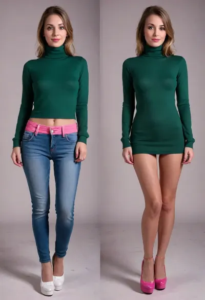 Before and after, a shy conservative Christian girl, (she is relatively confident on first image:1.1), fully clothed, wearing a green turtle neck pullover, (long jeans pants and dark green turtleneck pullover and white sneakers on first image:1.4), BREAK, the same girl turned into a complete slut, (she is extremely ashamed on second image:1.3), (standing insecurely), (slutty outfit, she is wearing an extremely short pink pleated micro skirt and white t-shirt and extremely elevated pink platform high heels on second image:1.3), (platform high heels on second image:1.4), (extremely short pink pleated micro skirt on second image only:1.2), <lora:OnoffXL_ExtraCrispy:.4>