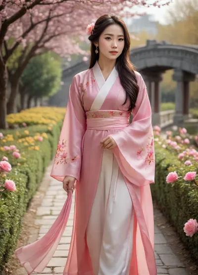 (masterpiece), (best quality), (extremely detailed CG unity 8k wallpaper), (photorealistic:1.4), (realistic:1.4), beautiful young asian woman, delicate features, medium shot, full body, walking pose, elegant Chinese hanfu, traditional pink flowing hanfu with floral embroidery, white pants, serene garden, winding stone path, blooming cherry blossom trees, pink petals, lush rose bushes, (pink roses, yellow roses, red roses), on both sides, bridge in background, soft natural light, warm atmosphere, tranquil, peaceful, studio lighting, highly intricate, sharp focus, volumetric lighting, light rays, depth of field