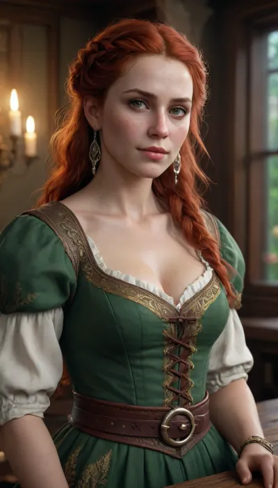 masterpiece, photorealistic, ultra realistic, 8k uhd, dslr, soft lighting, high detail, skin pores, sharp focus, cinematic, f/1.4, 85mm, A stunningly beautiful and charismatic portrait of Lohse from Divinity Original Sin 2, a slim yet athletic bard and adventurer. She has pale fair skin with freckles, and striking, expressive green eyes with a mischievous spark and a knowing glint. Her long, thick, wavy auburn hair with subtle white highlights cascades over her shoulders.

She has a full figure with large breasts. She is wearing her iconic colorful bardic attire, a detailed outfit with layered fabrics of deep red, emerald green, and gold trims, leather belts with pouches and a lute strap, and ornate silver jewelry and earrings.

A subtle, ethereal shadow flickers at the edges of the frame, hinting at her inner demonic possession. The background is a misty, candlelit fantasy tavern interior with wooden tables and a warm, magical glow.

professional photo, unreal engine 5 render, art by greg rutkowski and artgerm