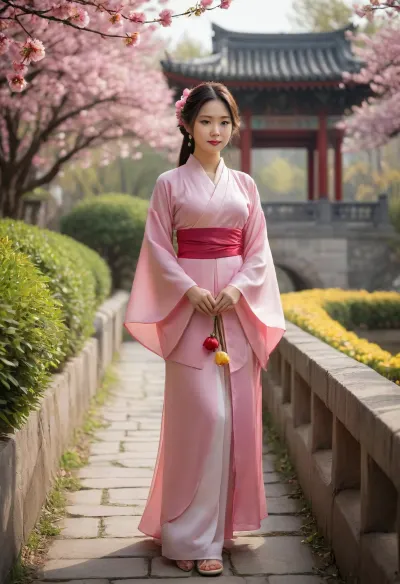 (masterpiece), (best quality), (extremely detailed CG unity 8k wallpaper), (photorealistic:1.2), (realistic:1.2), beautiful young asian woman, delicate features, medium shot, full body, walking pose, elegant Chinese hanfu, traditional pink flowing hanfu with floral embroidery, white pants, holding a traditional pink paper umbrella, serene garden, winding stone path, blooming cherry blossom trees, pink petals, lush rose bushes, (pink roses, yellow roses, red roses), on both sides, traditional Chinese architecture, bridge in background, soft natural light, warm atmosphere, tranquil, peaceful, studio lighting, highly intricate, sharp focus, volumetric lighting, light rays, depth of field