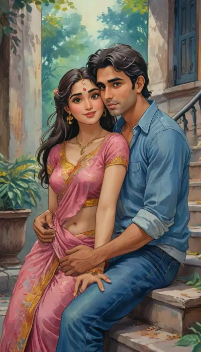 A romantic hand-drawn illustration of an Indian couple, (one male and one female couple), on streets of modern america. Close-up view, sitting together on steps outdoors. The woman is wearing an elegant saree, with large breast, large cleavage, voluptuous body type, stylish hair style. and the man is dressed casually in a t-shirt and denim jeans. They are sitting together playfully, looking directly at the viewer with joy, happy expressions. The man has his arms wrapped around her neck in a tender embrace, and the woman’s face is breathtakingly beautiful, radiating grace and charm. Their connection is deep and genuine, with the woman exuding beauty and serenity. romantic, poetic, artistic, gufeng influence, ink and wash textures, Saree, Indian, ac_neg1, Influencer, Model, j_cartoon, <lora:transparent-saree:.8>, <lora:sdxl_vae:.8>, <lora:J_cartoon:1.2>, <lora:detailed_notrigger:1>, <lora:Sattar_Bahlulzade:2>