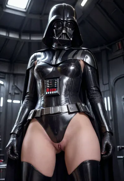 Girl in a black exposed latex Darth Vader armor and Darth Vader helmet, Star Wars spaceship, latex exposed suit without breasts and groin, exposed pussy, cutout on pussy, oiled latex, visible pussy, shaved pussy, bottomless girls in uniform in the background, sex machine between legs, PEDarthVader, skirtlift, godpussy, <lora:PE_DarthVader:.8>, <lora:skirtlift_xl:.8>, <lora:SDXL_GodPussy_v1:.8>