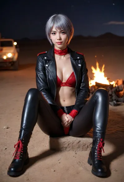 ray ayanami from evangelion, (sexy naughty aroused smiling girl), topless, fake medium breasts, (black leather jacket), (black leather stockings), (black boots, red laces), (sitting near a small campfire in the desert road at night), (motorbike standing in the background)