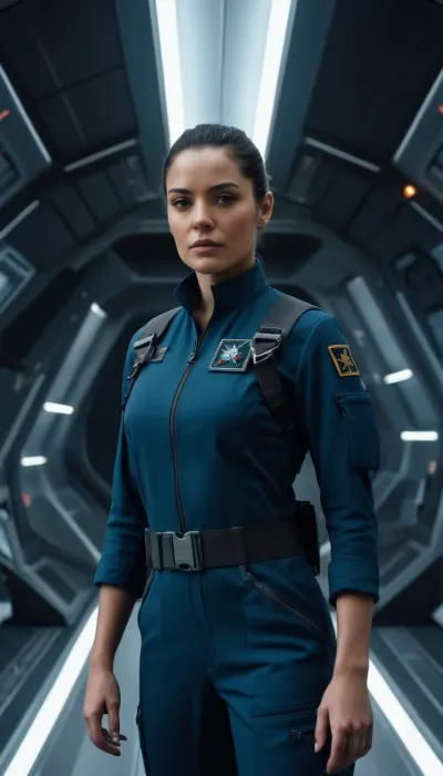 Beautiful female starship captain in a gritty realistic sci-fi universe inspired by The Expanse. Strong and athletic build, determined expression, sharp eyes showing leadership under pressure. Wearing practical belter/UNN/MCRN-inspired starship uniform, dark tactical jumpsuit with utility harness, subtle patches and insignia, sidearm holstered. Tied-back hair, no-nonsense style. Standing on the bridge of a starship, narrow corridors, glowing control panels, exposed piping, zero-g straps and railings. Background of outer space through reinforced windows, stars and distant asteroids. Ultra-realistic hard sci-fi art, highly detailed, cinematic dramatic lighting, tense and commanding atmosphere.