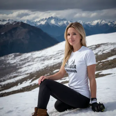 On top of the highest mountain in Andes background, (dark night:1.9), woman alone, 35 years old woman from aside, long blonde golden hair, woman on the left of the picture, sitting in the snow, black mountain boots, white ski pants, (white tight t-shirt:1.5), white cap, polarized mountain sunglasses, mountain backpack on the side, view of a valley, sharp glacier in the distance, snow-capped mountains, side view