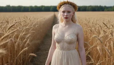 A captivating absolutely albino just 18-year-old 3-feet-height slightly chubby woman, slightly smiling, fully transparent goldish dress on bare body, barefoot, with awnless wheat spikes wreath on