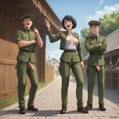 A barracks, a barracks yard, four soldiers standing in front of a woman. All soldiers are wearing field uniforms. All soldiers have short hair. All soldiers have open trousers, (open fly), normal penises, and the woman is quite excited by the many cocks. She is holding a soldier's cock in her hand. She looks happy. Full-length view, full-length shot, full-length view including the soldiers' faces, with other soldiers in the background., penis, <lora:276883_training_data:.8>, <lora:xpenis-1.5e:.8>