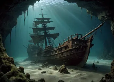 In the dark depths of the ocean, among algae and fish, at the very bottom, buried in the silt, lies the half-rotted skeleton of an old sailing ship. Dark, Fantasy, page, <lora:Dark Fantasy:.8>, Art, by, Boris, Vallejo, Style, <lora:Fantasy_art_XL_V1:.8>