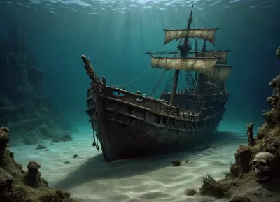 In the dark depths of the ocean, among algae and fish, at the very bottom, buried in the silt, lies the half-rotted skeleton of an old sailing ship. Dark, Fantasy, page, <lora:Dark Fantasy:.8>, Art, by, Boris, Vallejo, Style, <lora:Fantasy_art_XL_V1:.8>