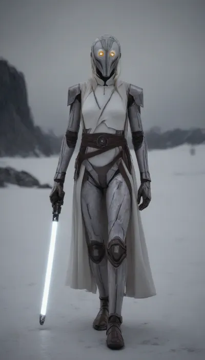 photorealistic, sci fi, star wars, (planet Hoth:1.8), (black snow-capped mountains in Hoth), (walking towards a ruined ship), fullbody, french woman, (white luminous eyes:1.8), runing, extreme length braided white hair, (droid skin:2.1), armour, android, ((General Jedi:1.8)), (ciber templar:1.3), artiangel, wearing a thick coat with white animal fur, (white lightsaber in right hand:1.8), (straight lightsaber:1.8), very, long, hair, hanging, dynamic, on, ground, bun, cover, General, Obi-Wan, Kenobi, cyber, templar, (side view), <lora:554328_training_data:.5>, <lora:verylonghairv2:.5>, <lora:565986_training_data:1.6>, <lora:CyberTemplarXL:1.2>