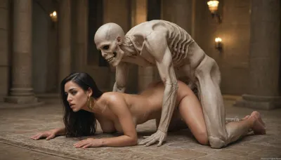 masterpiece, high resolution, ultra detailed, 8k, Night, Museum of Ancient Egypt, wall decorated with Egyptian bas-reliefs and hieroglyphs, ((two skeletons having sex in a doggy-style position)), super detailed photorealistic image, full body view view, 8K quality., skeleton, <lora:sdxlSkeletonLora:.3>
