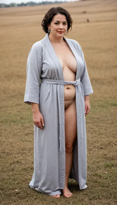 A full-length photo. A plump 65-year-old mature woman with chubby legs poses in a very short housecoat with no clothes under the robe, standing in a field