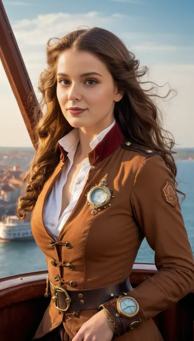 ((average girl next door:1.5)), (natural beauty:1.33), gorgeous young looking woman, beautiful brown eyes, perfect tan, shy, pale skin, gentle smile, sagging tits, large breasts, vivid colors, gentle seduction, slender, (extremely long hair, light brown hair), Cinematic steampunk fantasy scene, view from the deck of an ancient airship. Gears, rivets, copper panels, pipes, valves, steam jets hissing in golden sunset light. She is a pilot that stand on deck, hair glowing translucent in the sun, curling in the wind. She wears a steampunk uniform tunic with golden patches and epaulets, casually unbuttoned at the chest, a leather strap across her shoulder, round brass pilot goggles resting on her forehead. She holds a brass telescope in her hands, gazing into the distance with a faint smile. Below stretches a landscap of old towns with high towers and red tiled roofs, a sea with sailboats, while above float majestic steam airships, fantastical old-style steam planes with chimneys, and flying island-cities in fantasy style. Epic, gothic, cinematic atmosphere of adventure in the skies.